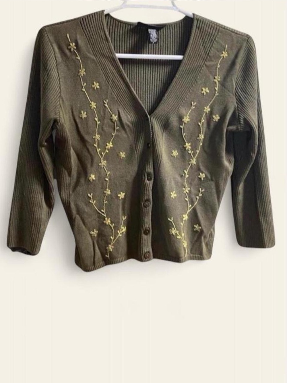Vintage Y2K Laundry Shelli Segal Olive Cropped Embroidered Floral Cardigan Small